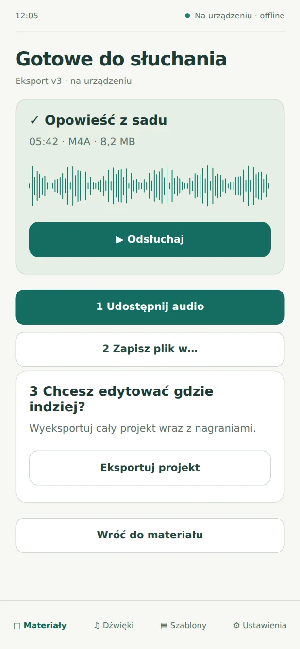 Makieta ekranu gotowego eksportu na telefonie