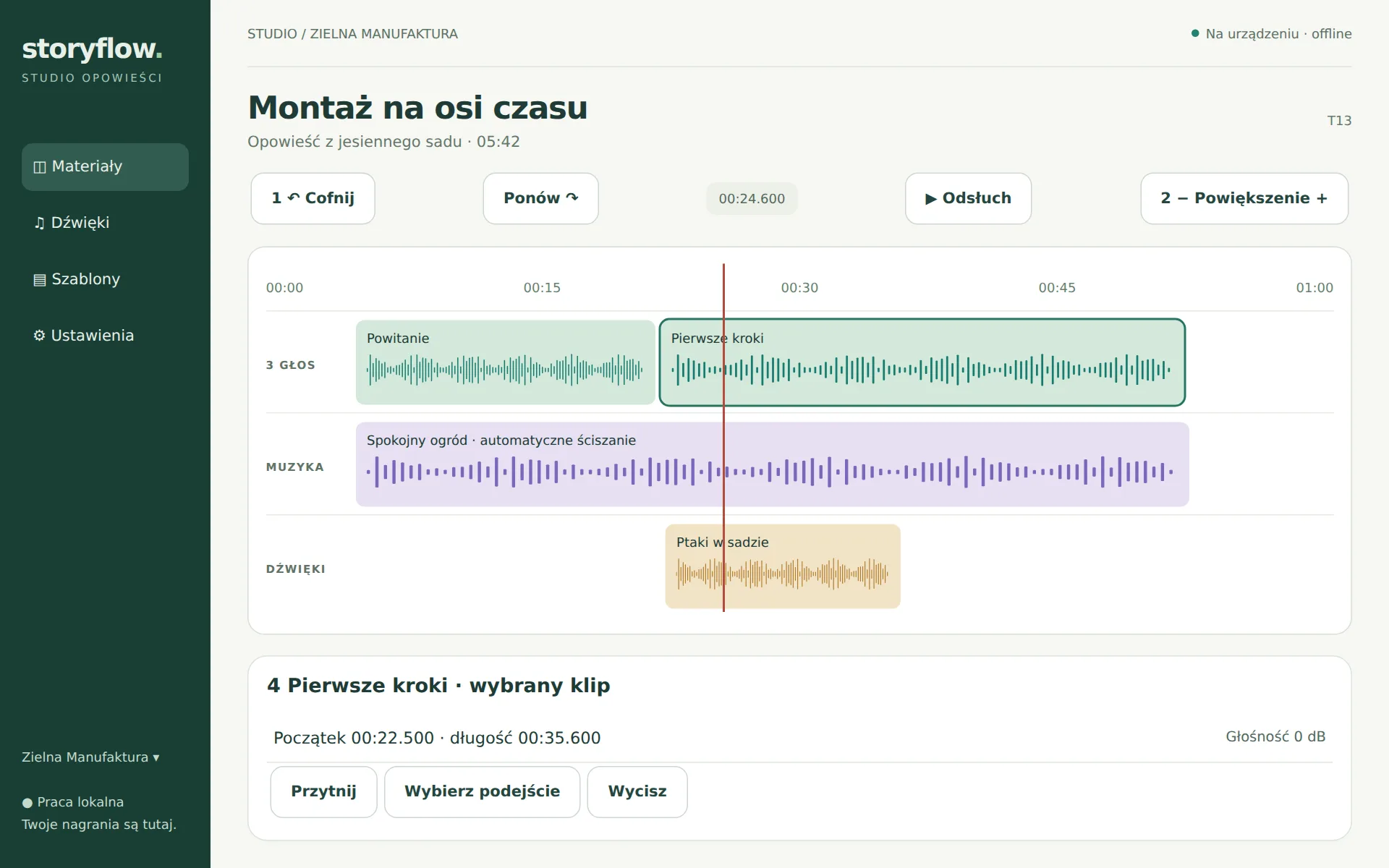 Makieta osi czasu z trzema opisanymi ścieżkami: Głos, Muzyka i Efekty