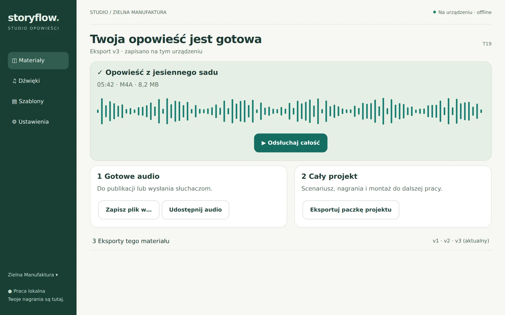 Makieta ekranu gotowego eksportu z odtwarzaczem i przyciskiem udostępniania